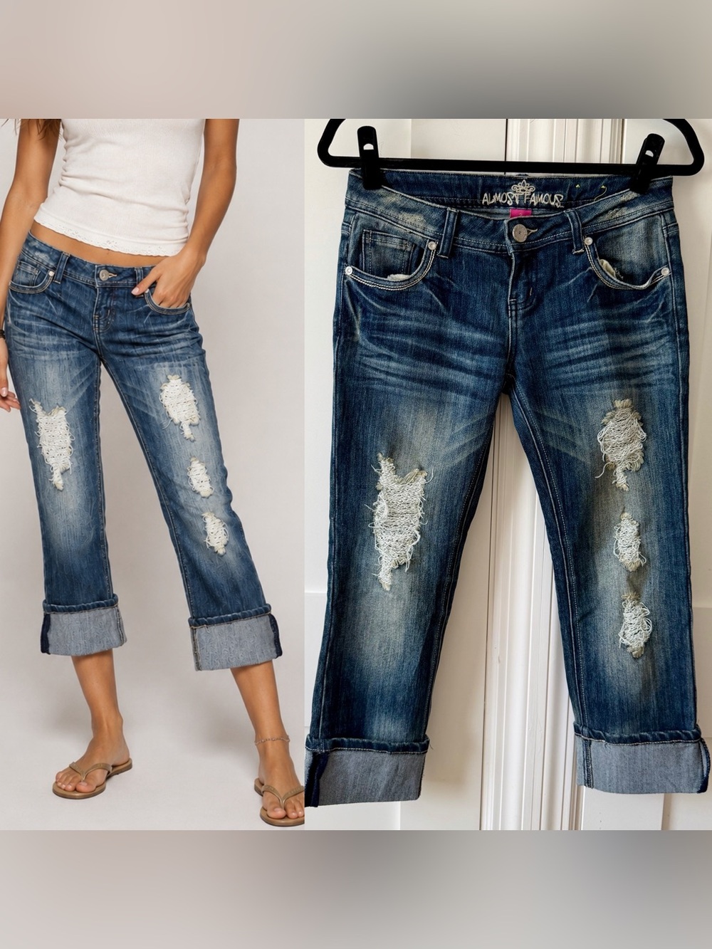 Almost Famous Y2K Distressed Cuffed Capri Jeans Medium Wash Sz 3